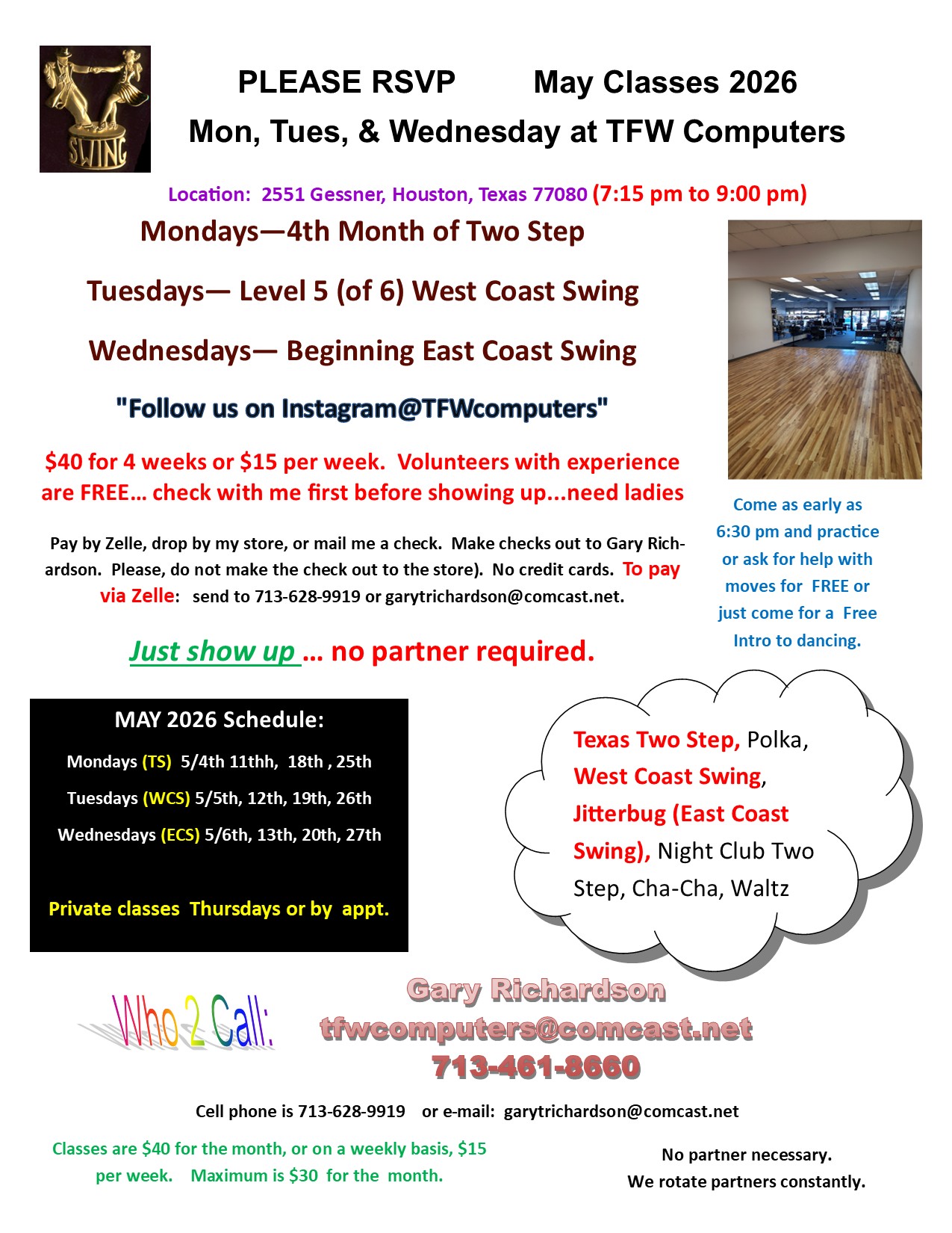 Typical monthly dance class schedule